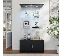 Glass Display Cabinets With Lockable,bookcase Bookshelf With Led And 3 Tier, High Gloss Cupboard For Living Room,black