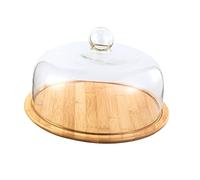 Glass Dome with Wooden Base Cake Stand Display Dome Cloche Clear Glass Bell Jar Cover, Wooden Cake Display Tray ( 24 cm)