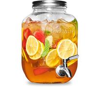 Glass Drink Dispenser with Stainless Steel Tap 3.7L - 100% Leak Proof Beverage Dispenser with Ice Core, Easy Filling Wide Mouth - Glass Jug Cocktail Accessories, Mason Jar Water Dispenser & Metal Lid