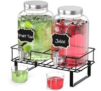 Glass Drink Dispenser with Tap, 2 x 4 Litre Drinks Dispenser with Metal Stand, Water Dispenser for Juice,Iced Tea, Cocktails Juice Dispenser Parties, Weddings