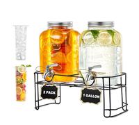Glass Drink Dispenser with Tap, 4L×2-Pack Glass Beverage Dispenser with Stand, Leakproof Stainless Steel Spigot, Ice Cylinder, for Christmas, BBQ, Picnic, Lemonade, Cocktails