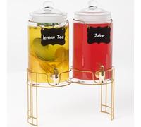 Glass Drink Dispensers For Parties, 2 PACK 1 Gallon Beverage Dispenser With Lids, Gold Metal Stand And Spigot 100% Leak proof. Lemonade Dispenser With Chalk board
