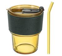 Glass Drinking Cup Coffee Water Tumbler 420ml Portable with Lid and Straw | Reusable Smooth Glassware, Tight Sealing Flat-bottom Design, Suitable for Iced Coffee, Yoghurt Drinks, Cafés, Commuting
