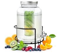 Glass Drinks Dispenser with Tap: 4 Litre Retro Water Dispenser Glass with Stand - Transparent Lemonade Dispenser Glass Container for Lemonade Homemade Drinks Fresh Fruit and Herbs (Silver)
