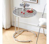 Glass End Table, Round Side Table with Handle and Metal Frame, Height Adjustable C Shaped Sofa Table, Small Coffee Table with Tempered Glass Top, Bedside Table for Living Room Bedroom