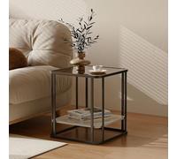 Glass End Table with Metal Frame, Modern 2-Tier Coffee Table with Slate Stone Top for Living Room or Bedroom