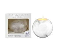 Glass Feather Filled Tea Light Holder | Sympathy Memorial Candle | Bereavement Keepsake & Grieving Support Gift | 10x10x9cm