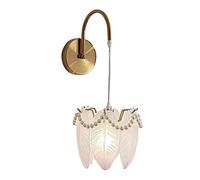 Glass Feather Wall Sconce with Pearls, Decorative Gold Brass Wall Light, French Style Elegant Bedside Lamp for Bedroom, Living Room, Hallway, Vanity Accent Lighting))