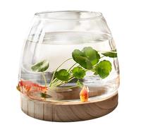 Glass Fish Bowl with Wooden Base, Clear Terrarium Globe Fish Tank Flower Vase Small Aquarium Betta Fish Gold Fish Tank, Hydroponic Plant Terrarium, Desktop Fish Bowl Tank for Home Decoration