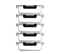 Glass Food Storage Container with Lid 5pcs, 1040ml Reusable Airtight Glass Lunch Meal Container Stackable Tableware Organization and Storage, Safe for Microwave Ovens Refrigerators Dishwashers (Black)