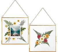Glass Frame for Pressed Flowers, Leaf and Artwork - Hanging Gold 8x8 Square Metal Picture Frames, Clear Double Glass Floating Frame, Wall Decor Photo Display, Set of 2 Flower Press Frames with Chain