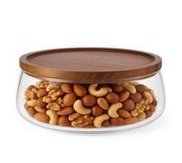 Glass Fruit Bowl with Wooden Lid - Decorative Serving Bowl with Acacia Tray Cover - Large Clear Storage Bowl for Fruit, Snacks, Sweets, Salad or Table Display
