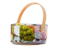Glass Fruit Dishes with Bamboo Wood Handle, Snack Plate Salad Bowl with Partition, Large Capacity Glass Ice Bucket (Champagne Color 1.2L)