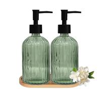 Glass Hand and Dish Soap Dispenser Set of 2 with Plastic Pumps, Bamboo Tray, 13.5oz Green Bathroom Soap Dispenser with Vertical Stripe for Hand Wash & Dish Wash, Ideal for Bathroom Kitchen Countertop
