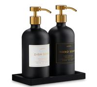 Glass Hand Soap Dispenser Set for Kitchen Sink & Bathroom - 2 x 500ml Refillable Bottles with Stainless Steel Pump, Washing-Up Liquid Dispensers, 15 Waterproof Labels & Silicone Tray (Black/Gold)