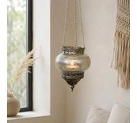 Glass Hanging Lanterns 48cm Glass & Metal Moroccan Tea Light Holders with Chain Antique Silver Metallic Finish Home Decor Candle Pendant Lamps (1)