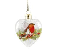 Glass Heart Christmas Tree Decoration with Snow and Robin (6.5cm)