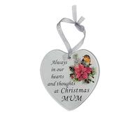 Glass Heart Hanging Ornament with Robin and Poinsettia, 10 x 10 cm, 'Always in our hearts and thoughts at Christmas Mum' Memorial Message