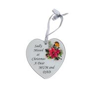 Glass Heart Hanging Ornament with Robin and Poinsettia, 10 x 10 cm, ''Sadly missed at Christmas a dear Mum and Dad' Memorial Message