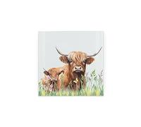Glass Hot Pot Stand - Highland Cow Mum & Calf Worktop Saver - Hot Pot Stand Kitchen Chopping/Cutting Board Worktop Protector with Non-Slip Feet 20cm x 20cm (8" x 8")