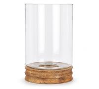 Glass Hurricane Candle Holder with Natural Mango Wood Base, Large Clear Cylinder Lantern for Pillar Candles, Table Centrepiece & Home Décor, Ø20.5 x H33 cm