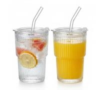 Glass Iced Coffee Cups with Lids & Straws - 2 Pcs 600ml Large Reusable Tumblers for Cold Drinks - Perfect for Smoothies, Bubble Tea, Matcha Latte & Iced Coffee