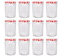 Argon Tableware Glass Jam Jars with Airtight Red Gingham Lids - 380ml - Pack of 12 - Empty Screw Top Kitchen Storage Jar for Food, Honey, Spice, Pickling, Preserving, Candle Making
