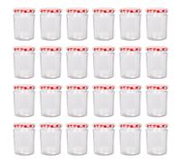 Argon Tableware Glass Jam Jars with Airtight Red Gingham Lids - 380ml - Pack of 24 - Empty Screw Top Kitchen Storage Jar for Food, Honey, Spice, Pickling, Preserving, Candle Making