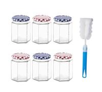 Glass Jam Jars 6 Pack Hexagonal Storage Glass Jars with Screw Top Red and Blue Gingham Lids 280ml / 9oz Clear Airtight Preserving Glass Jars with Brush, for Marmalade Honey Spices Pickle Chutney
