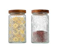 Glass Jar with Airtight Acacia Wood Lid 1000Ml Vintage Glass Kitchen Storage Counter Sealed Jar 35Oz Decorative Glass Food Storage Containers for Candy Flour Oats Coffee Bean (Begonia + Sunflower)