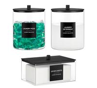 Glass Jars and Acrylic Dryer Sheet Holder, Laundry Pods Container with Bamboo Lid and 27 Labels, Powder Detergent Containers for Laundry Room Organization, Storage Jars Set (3 Pack, Black)