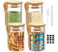 Glass Jars with Airtight Lid and Spoon, 4Pcs Glass Kitchen Storage Jars 4 x 600ml Spice Jars with Labels, Marker and Cleaning Brush, for Flour, Sugar, Coffee, Candy, Snack and More