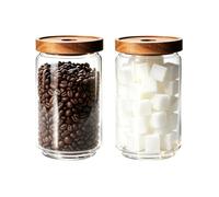 Glass Jars with Airtight Wood Lids - 750 ML Kitchen Pantry Storage Container, Decorative Canister for Coffee Bean, Sugar, Spice, Cereal, Oat, Cookie, Candy, Tea, Nuts, Cereal, Treat, Fusilli, Set of 2