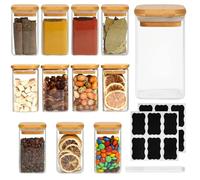 Glass Jars with Bamboo Lids 12 Pack, 250ml/8oz Square Glass Storage Jars, Kitchen Airtight Glass Spice Jars with Lids, Glass Container for Spice, Salt, Sugar, Seeds, Nuts, Tea etc
