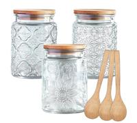 Glass Jars with Bamboo Lids, 3 Pack 700ml Vintage Glass Kitchen Storage Counter Jar with 3 Wooden Spoon, Vintage Canisters for Kitchen Pantry, for Coffee Beans, Tea, Cookie, Sugar (Transparent)