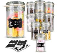 Creative Home 10 x 500ml Glass Jars with Clip Lids Storage Set | Airtight Food Storage containers | 0.5L Kitchen Container Preserving Jar Sweets Flour Pasta | 12 Reusable Stickers & 1 Anti-Dust Chalk