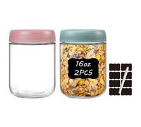 Glass Jars with Lids 2 Pack 16oz Overnight Oats Meal Prep Portion Control Containers Snack Pudding Yogurt Cereal Salad Food Storage Cups Bowls Airtight with Stickers and Marker