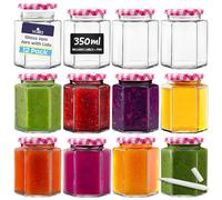 Glass Jars with Lids 350ml - 12 Pack Hexagonal Jars with Red Gingham Screw Top Lids - Airtight Glass Jars with Lids for your Homemade Jam, Marmalade and Chutney - Jam Jars with Lids