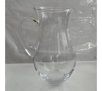 Glass jug with handle, height 25 cm, capacity 2 litres, diameter 14 cm, clear glass, mouth-blown. It is made of clear glass and cannot be filled with hot drinks
