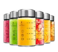 Glass Juice Bottles 6 Pack 10 oz - Wide Mouth Glass Water Bottles with Lids - Borosilicate,Stainless Steel Lids for Juicing, Smoothies, Infused Water, Beverage Storage, Leakproof, Reusable,BPA Free