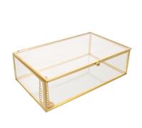 Glass Keepsake Box with Hinged Lid, Gold Edge Metal Frame | Rectangular Tabletop Organizer, Display for Trinkets, Cards and Photos, 7.95x5.12x2.48in