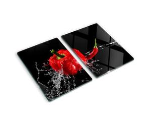 Glass Kitchen Board 2x40x52 cm Rectangular Glass Easy to Clean Food Contact Bacteria-Resistant Printed Smooth Surface Stain and Heat Resistance Grip Feet Polished Edges - Red Pepper