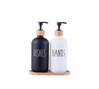 Glass Kitchen Soap Dispenser Set with Tray by Brighter Barns - Hand and Dish Soap Dispenser for Kitchen Sink - Glass Soap Dispenser - Modern Boho Farmhouse Kitchen Decor (Black/White)
