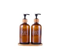 Glass Kitchen Soap Dispenser Set with Tray by Brighter Barns - Hand and Dish Soap Dispenser for Kitchen Sink - Glass Soap Dispenser - Modern Boho Farmhouse Kitchen Decor (Brown)