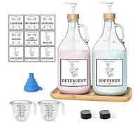 Glass Laundry Detergent Dispenser, Liquid Laundry Soap Dispenser for Laundry Room, 64oz Detergent Bleach Softener Dispenser for Farmhouse Decor, Includes Bamboo Pumps and Tray, Funnel, Labels