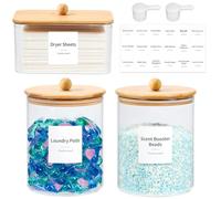 Glass Laundry Pods Container & Acrylic Dryer Sheet Holder with Bamboo Knobs Lids, Scoops & Labels | Premium Laundry Room Organization and Storage for Detergent Pods, Powder, Dryer Balls & Beads