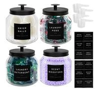 Glass Laundry Room Organization and Storage Set Containers with Labels Laundry Organizer Jars Holder for Laundry Pods, Scent Booster, Detergent, Dryer Balls, Powder (4)