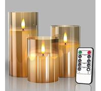 Glass LED Candles Flickering with Remote & Timer - Set of 3 Real Wax Fake Candles, Battery Operated for Festival Home Room Decor