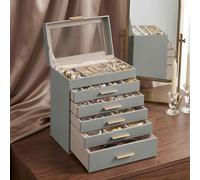 Glass Lid Jewellery Organiser, 6 Tier Storage Box With 5 Drawers, Multi-Compartment Jewellery Case, Dove Grey And Gold Colour