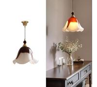 Glass Light 11.61In Adjustable E27 Hanging Light Fixture Chandelier for Kitchen Island Dining Room Bedroom Bar, Brown and White Wavy Petal Shade Ceiling Lamp Metal